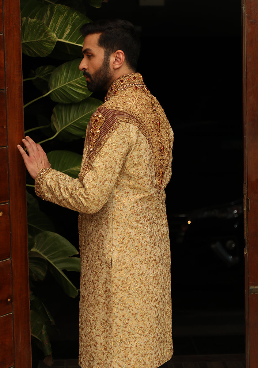 Gold Embroidered Jamawar Groom Sherwani (3-Piece) - Image 3
