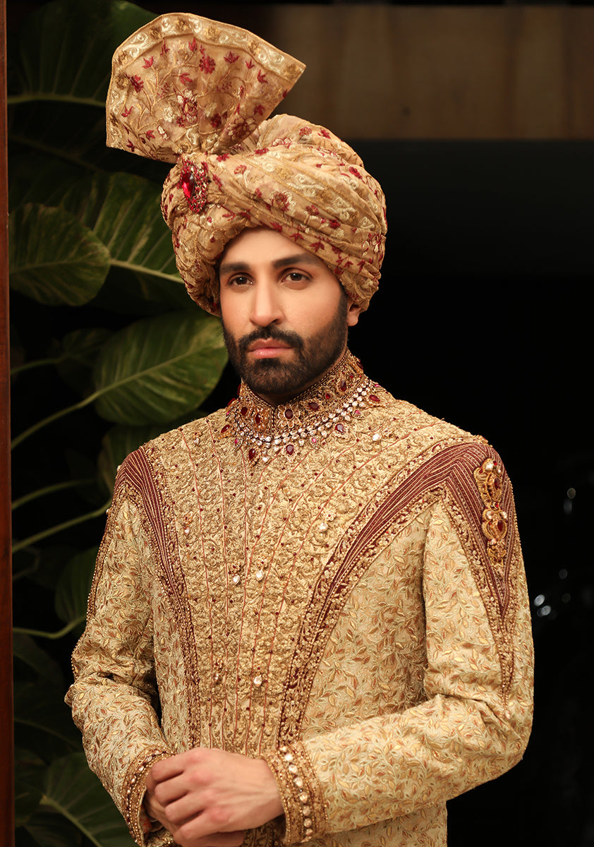 Gold Embroidered Jamawar Groom Sherwani (3-Piece) - Image 4