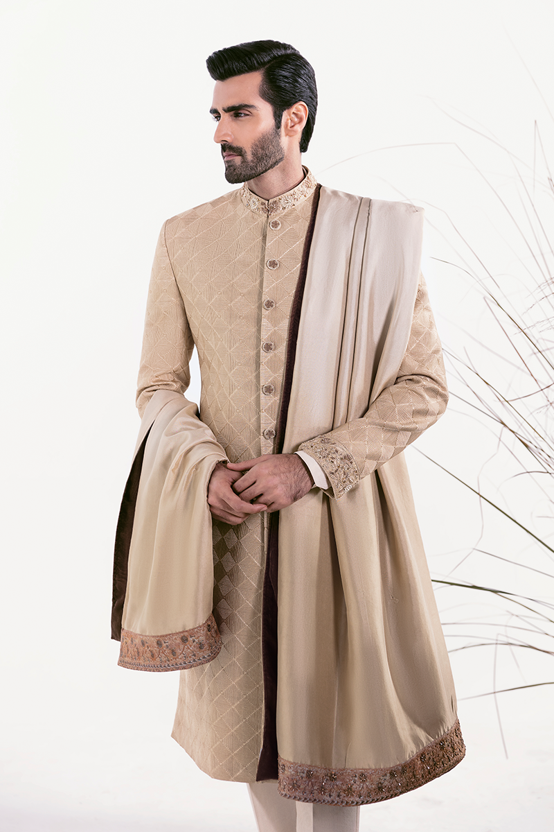 Gold Embroidered Jamawar Groom Sherwani (3-Piece) - Image 1