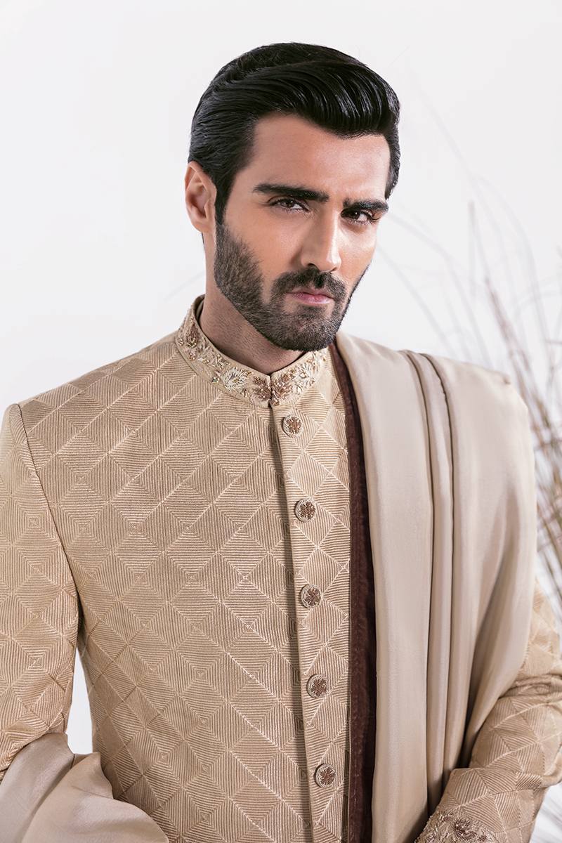 Gold Embroidered Jamawar Groom Sherwani (3-Piece) - Image 3