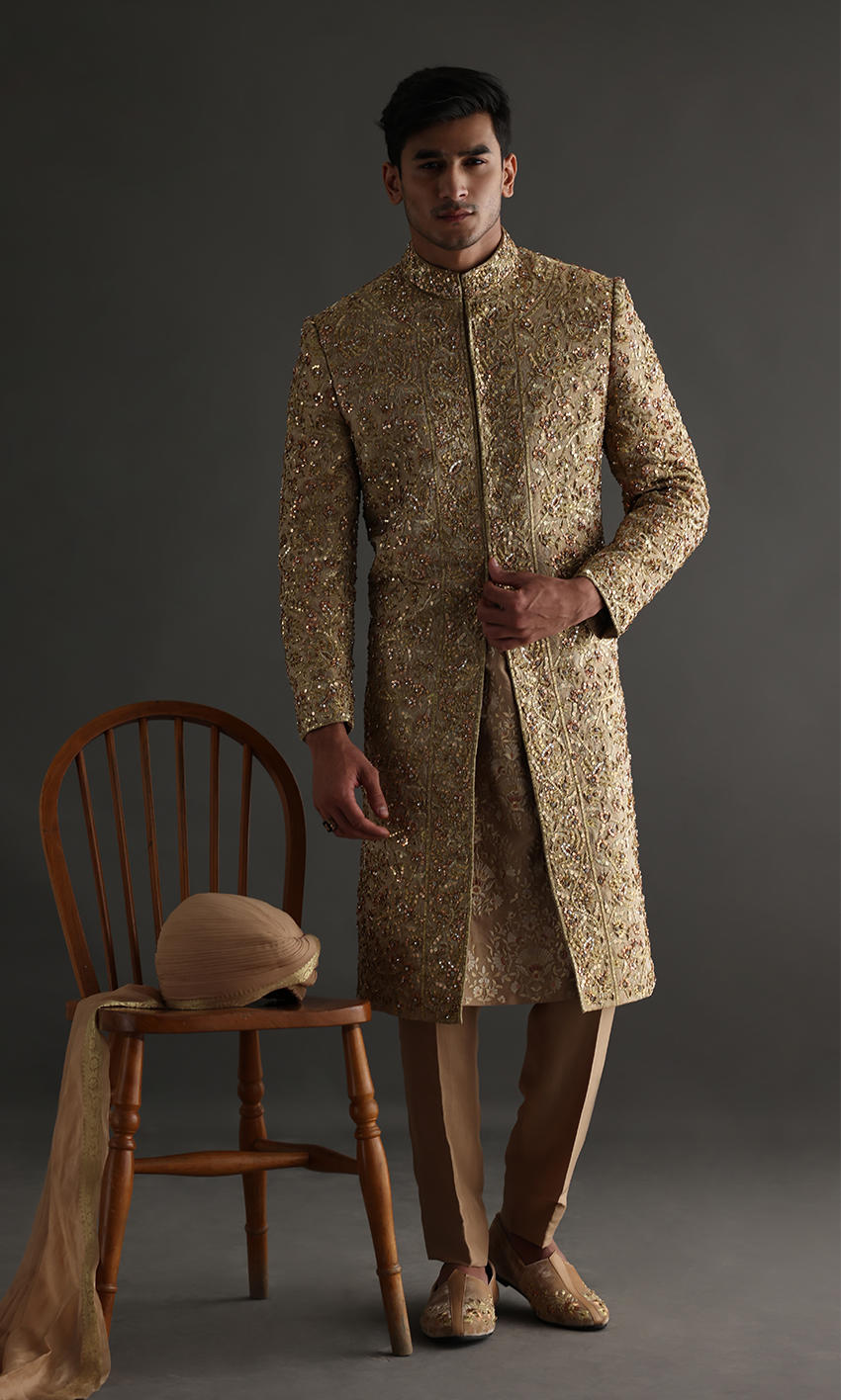 Gold Rose Gold Handworked Jamawar Sherwani (4-Piece) - Image 1