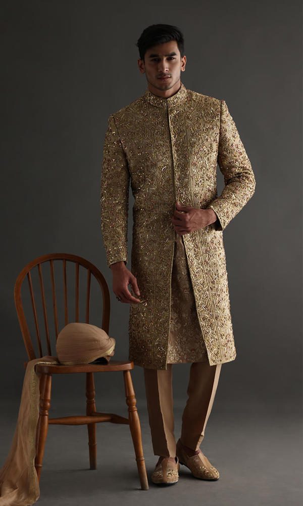 Gold Rose Gold Handworked Jamawar Sherwani (4-Piece) - Image 2