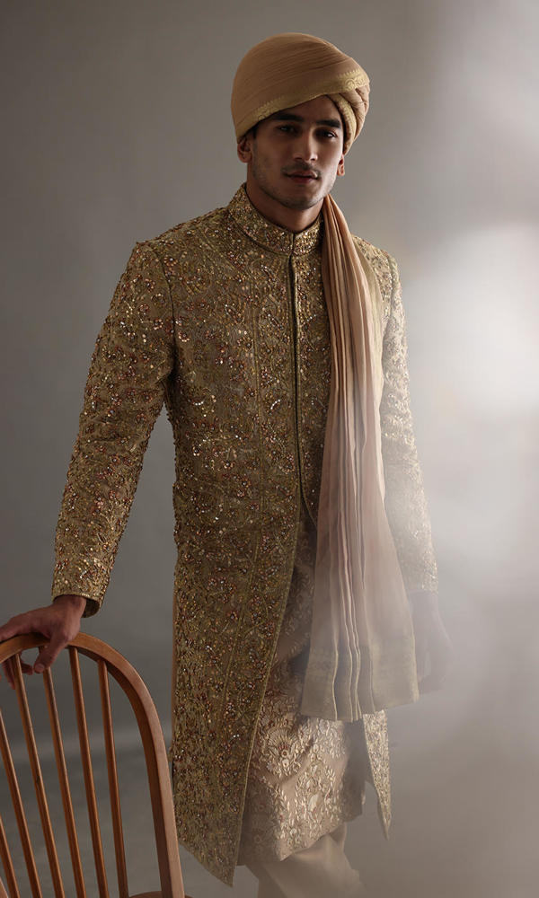 Gold Rose Gold Handworked Jamawar Sherwani (4-Piece) - Image 3
