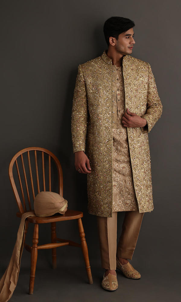 Gold Rose Gold Handworked Jamawar Sherwani (4-Piece) - Image 4