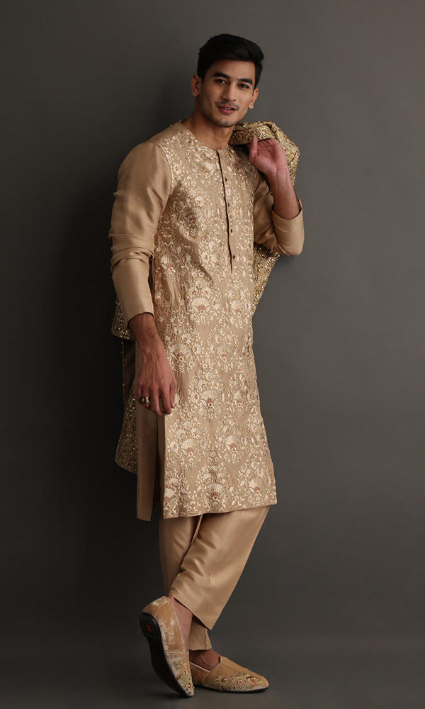 Gold Rose Gold Handworked Jamawar Sherwani (4-Piece) - Image 5