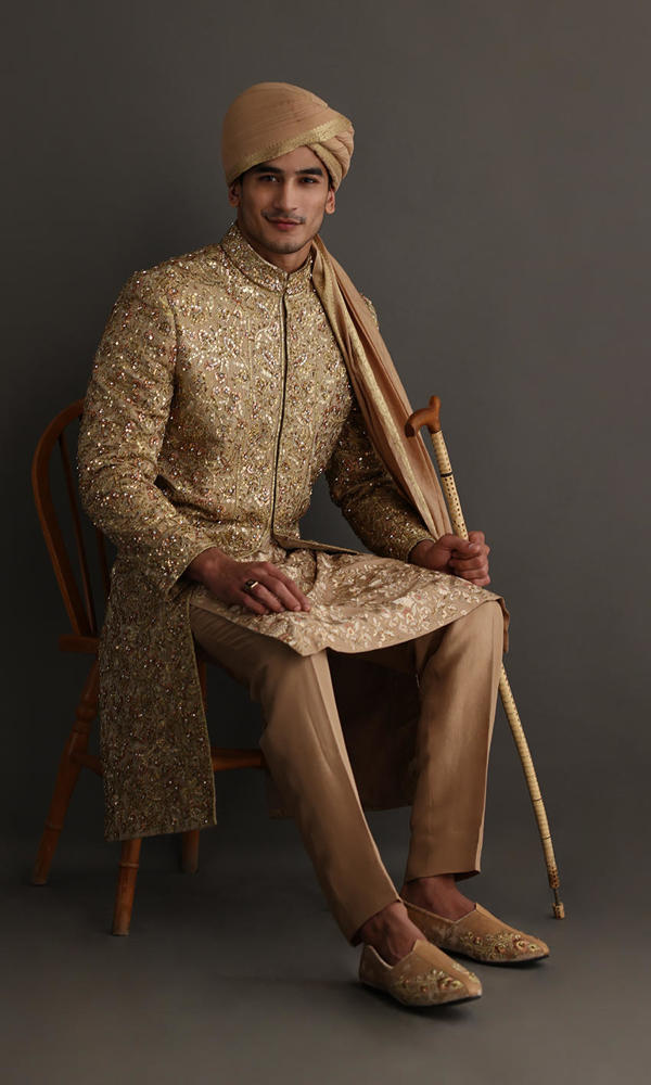 Gold Rose Gold Handworked Jamawar Sherwani (4-Piece) - Image 6