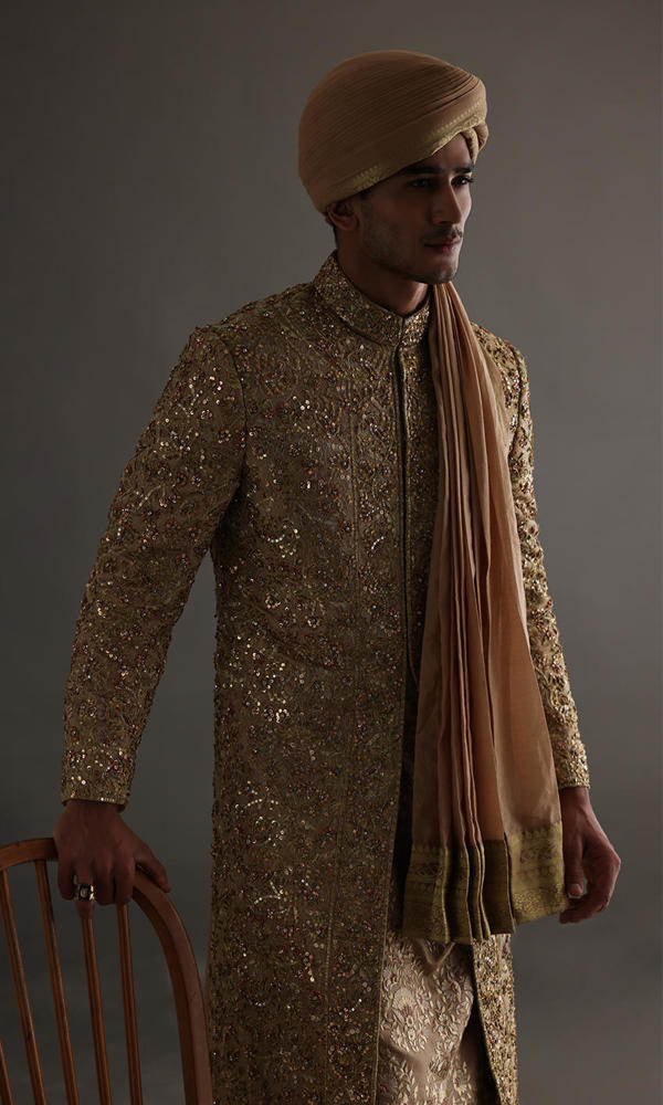 Gold Rose Gold Handworked Jamawar Sherwani (4-Piece) - Image 8