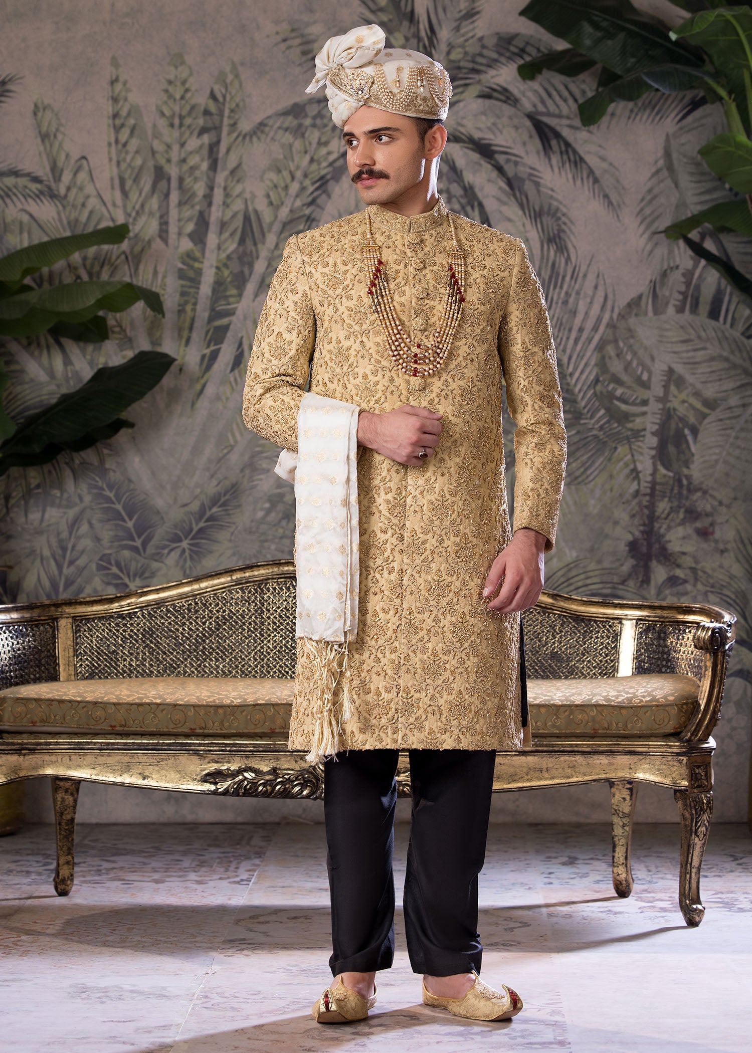 Gold Hand-Embroidered Jamawar Sherwani (5-Piece) - Image 1
