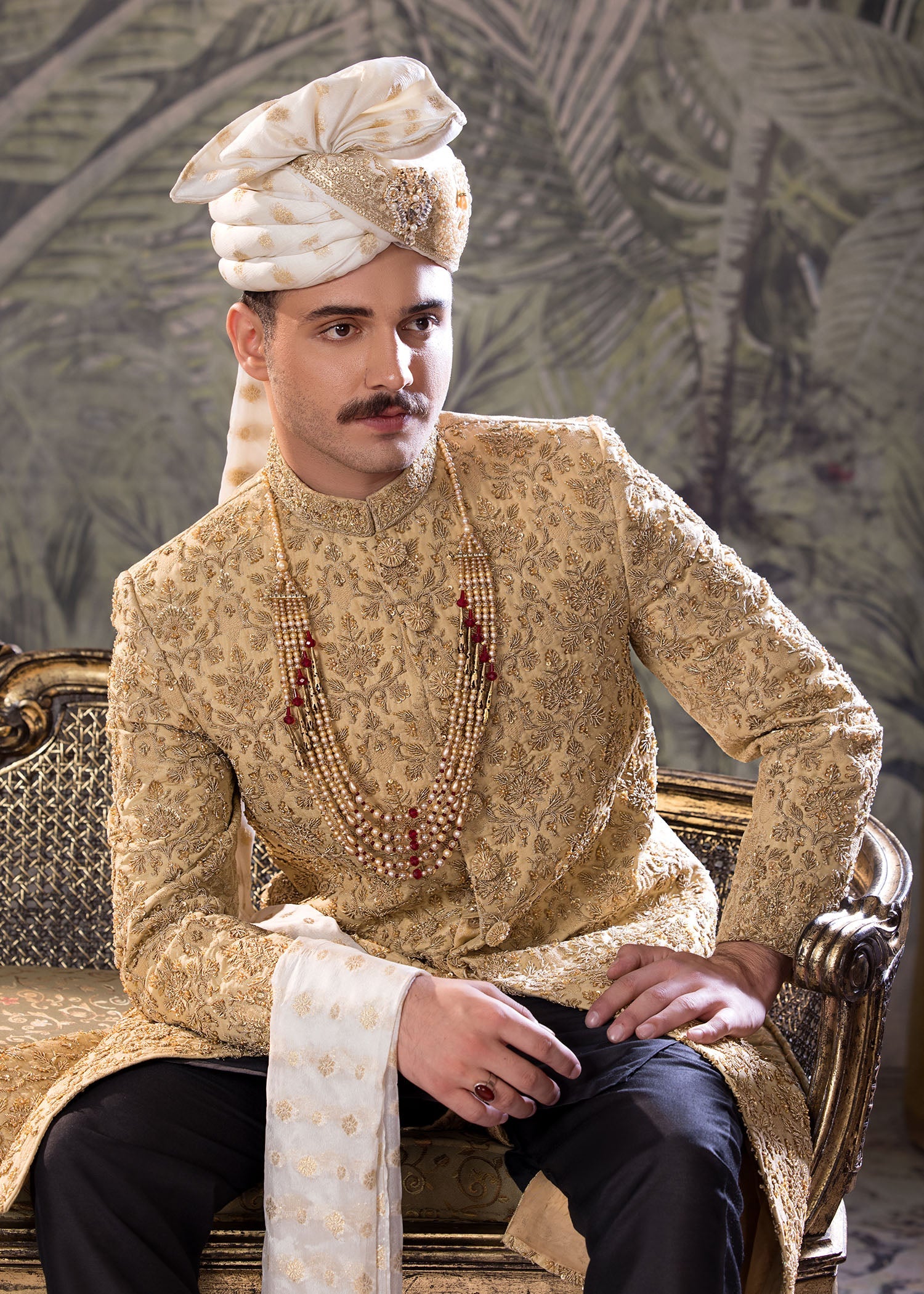 Gold Hand-Embroidered Jamawar Sherwani (5-Piece) - Image 10