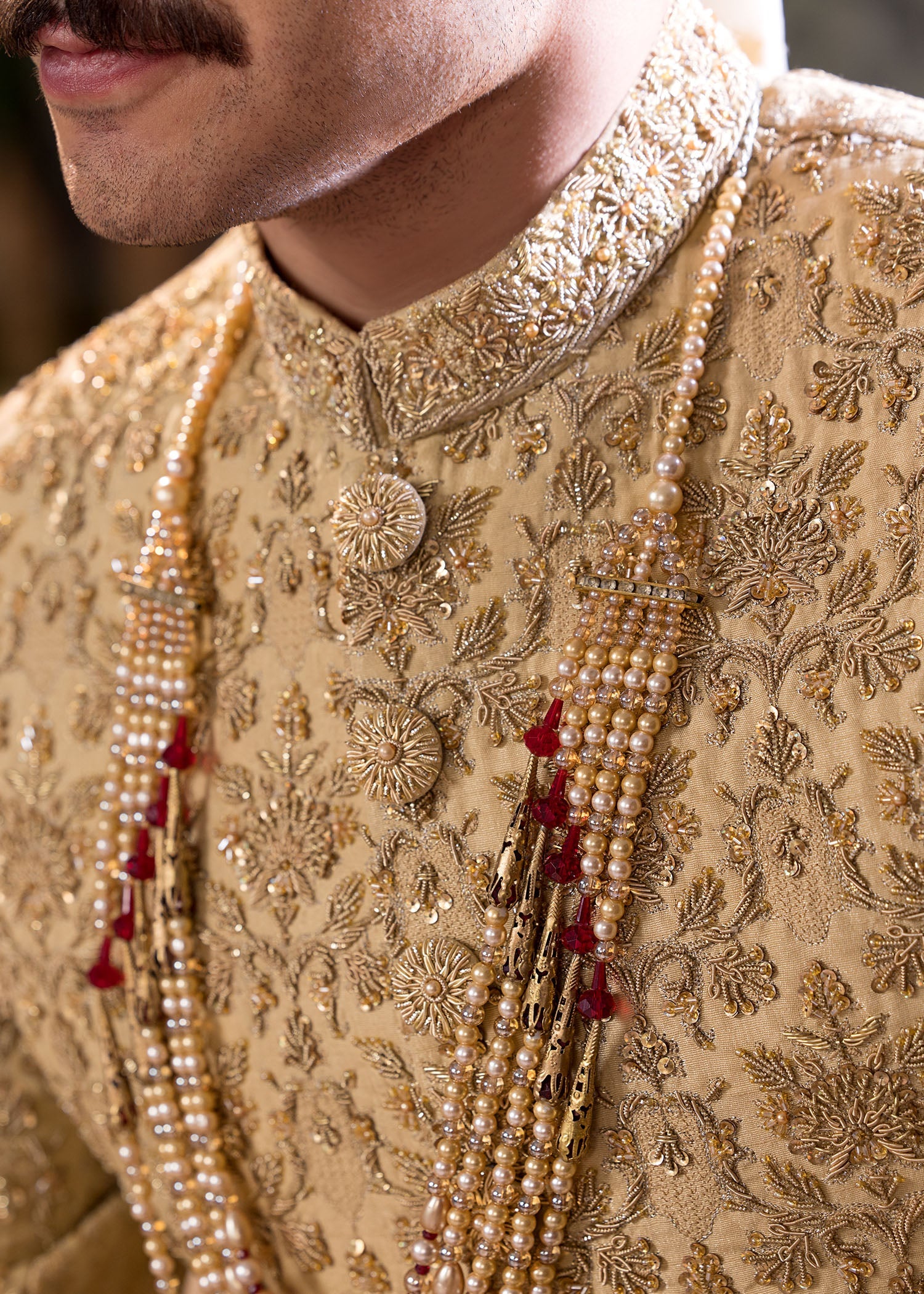 Gold Hand-Embroidered Jamawar Sherwani (5-Piece) - Image 11