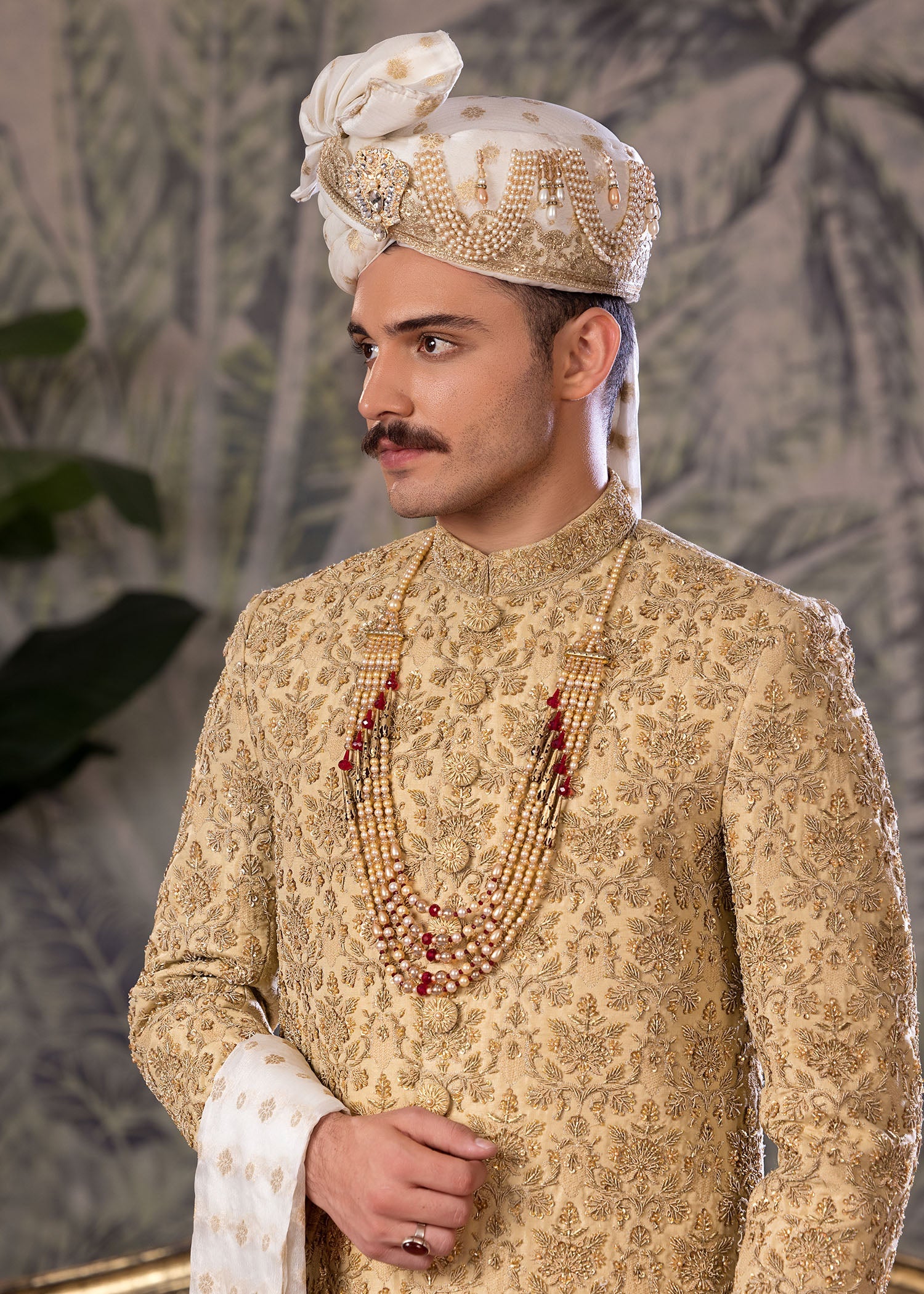 Gold Hand-Embroidered Jamawar Sherwani (5-Piece) - Image 2