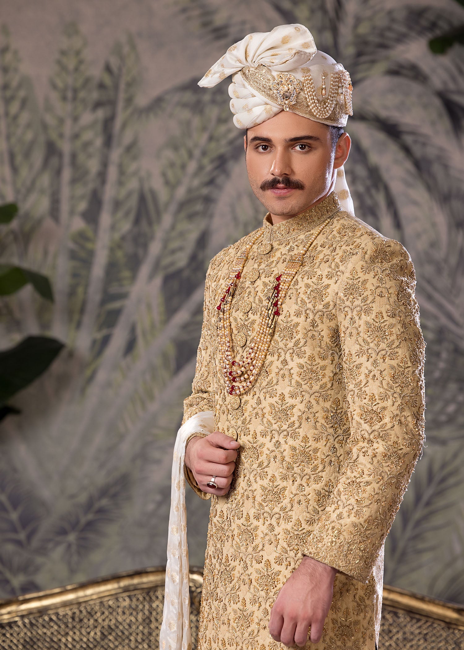 Gold Hand-Embroidered Jamawar Sherwani (5-Piece) - Image 3