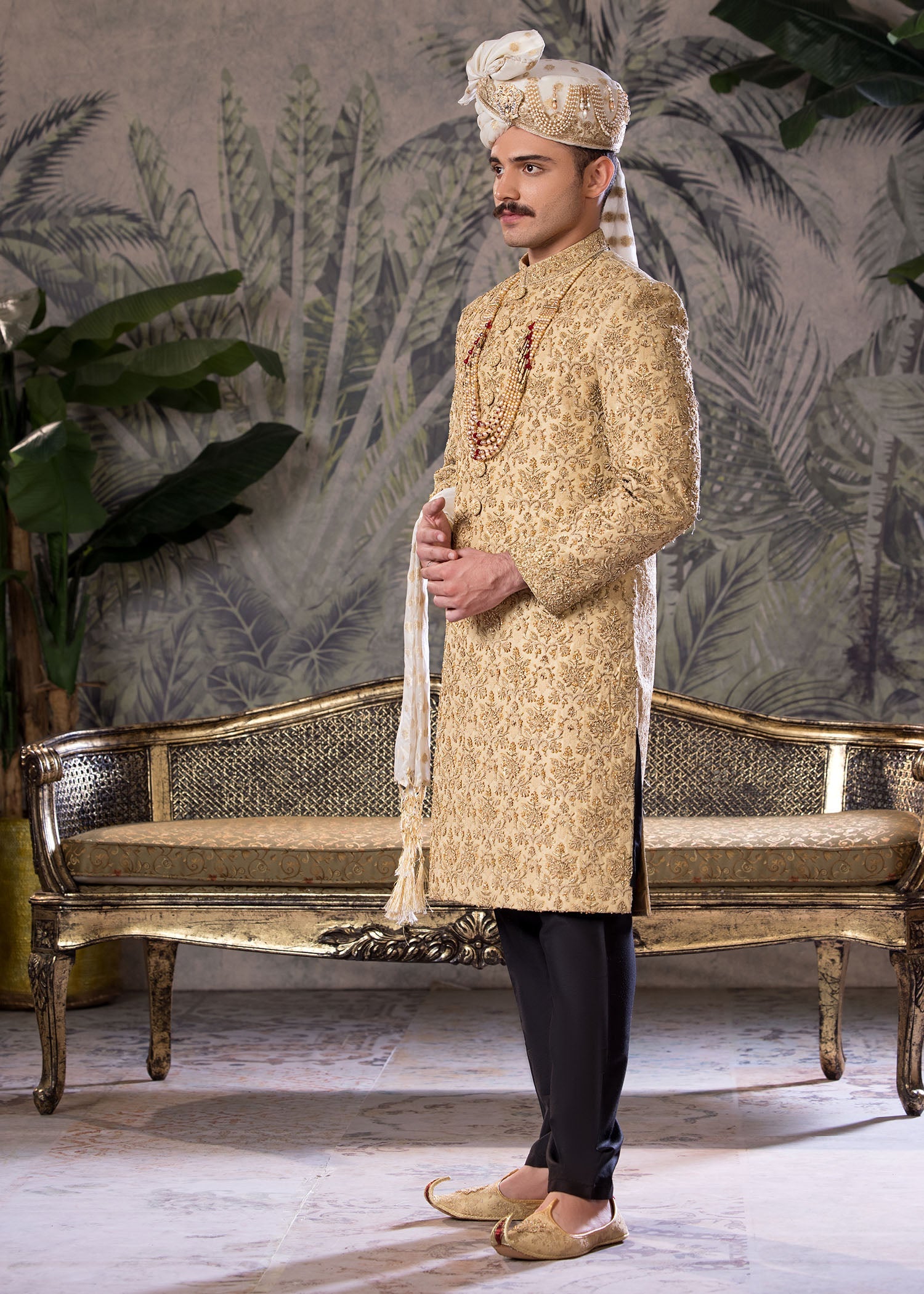 Gold Hand-Embroidered Jamawar Sherwani (5-Piece) - Image 4