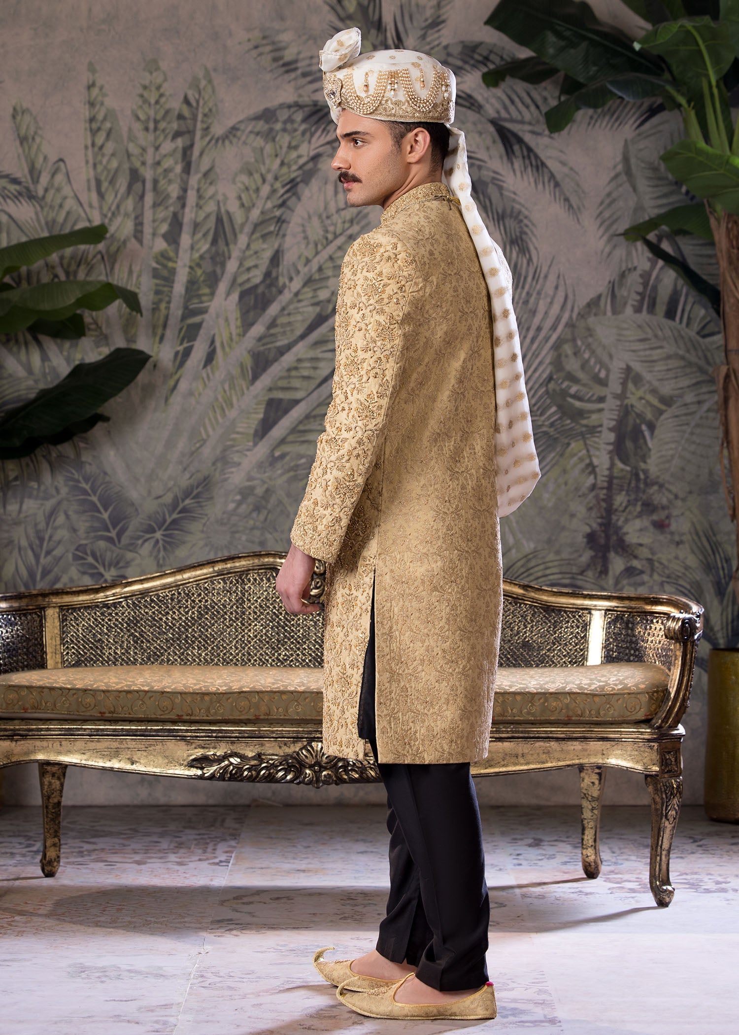 Gold Hand-Embroidered Jamawar Sherwani (5-Piece) - Image 5