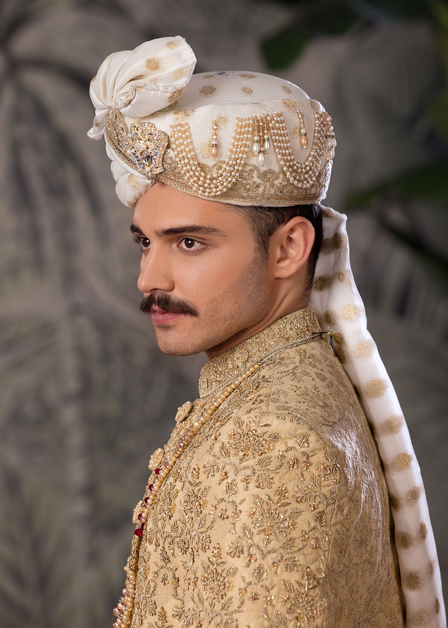 Gold Hand-Embroidered Jamawar Sherwani (5-Piece) - Image 6