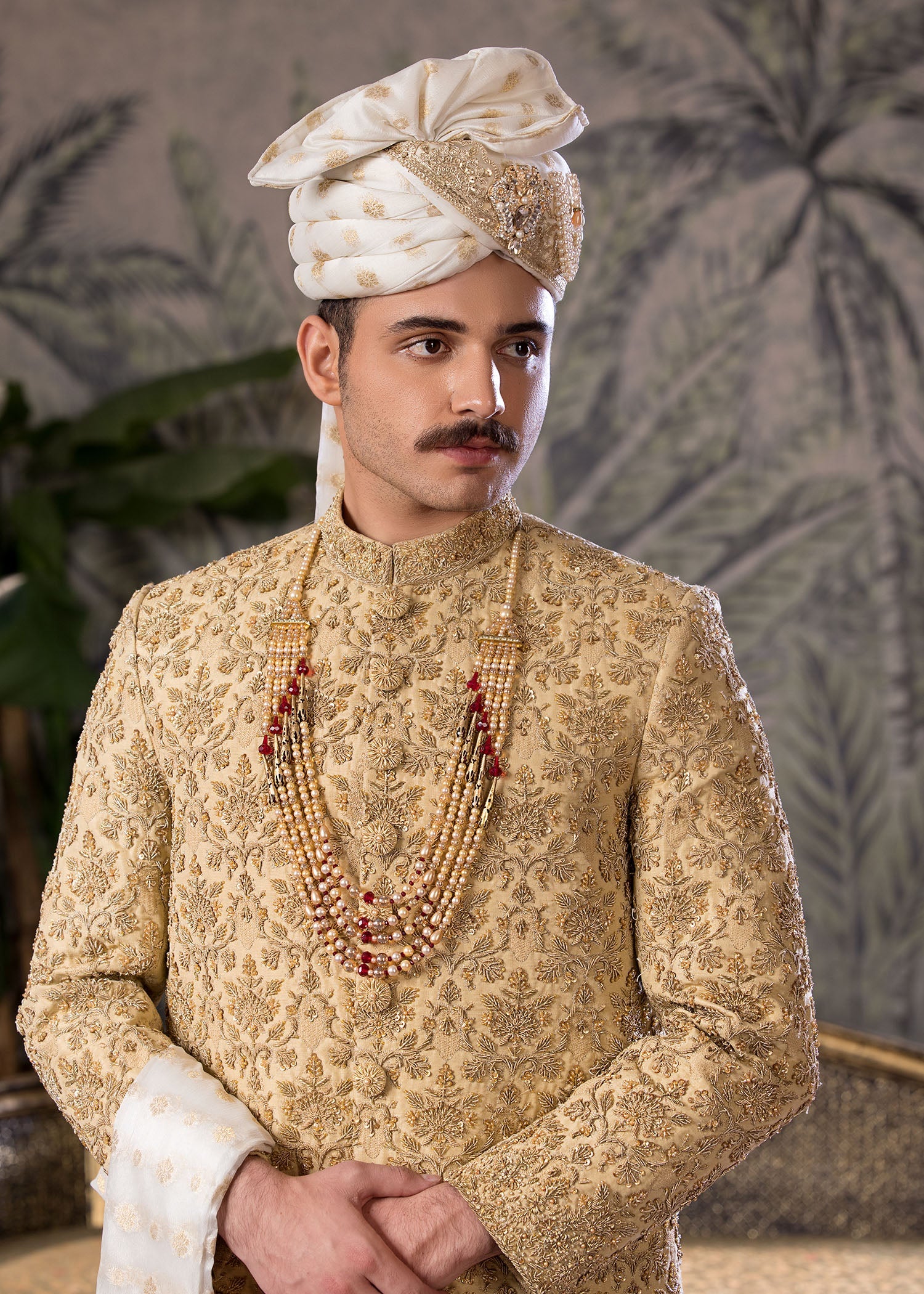 Gold Hand-Embroidered Jamawar Sherwani (5-Piece) - Image 7