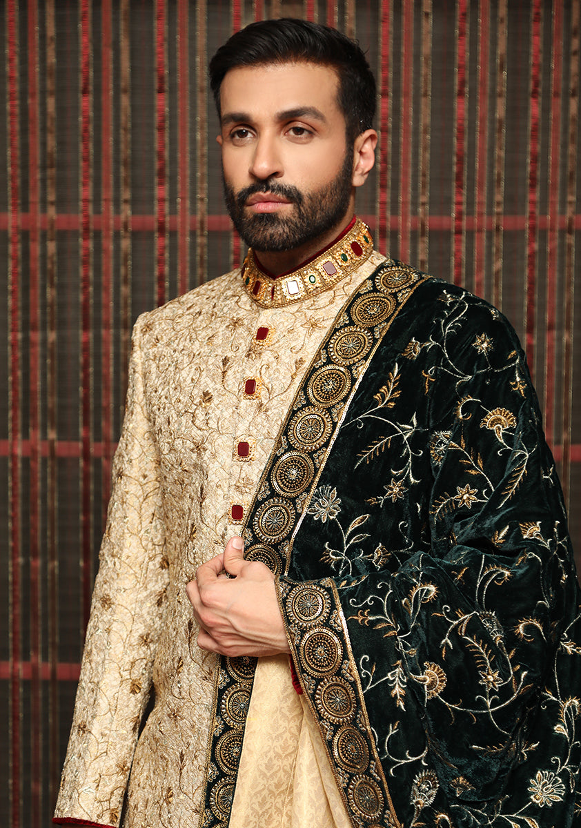 Golden Embroidered Jamawar Groom Sherwani (3-Piece) - Image 2