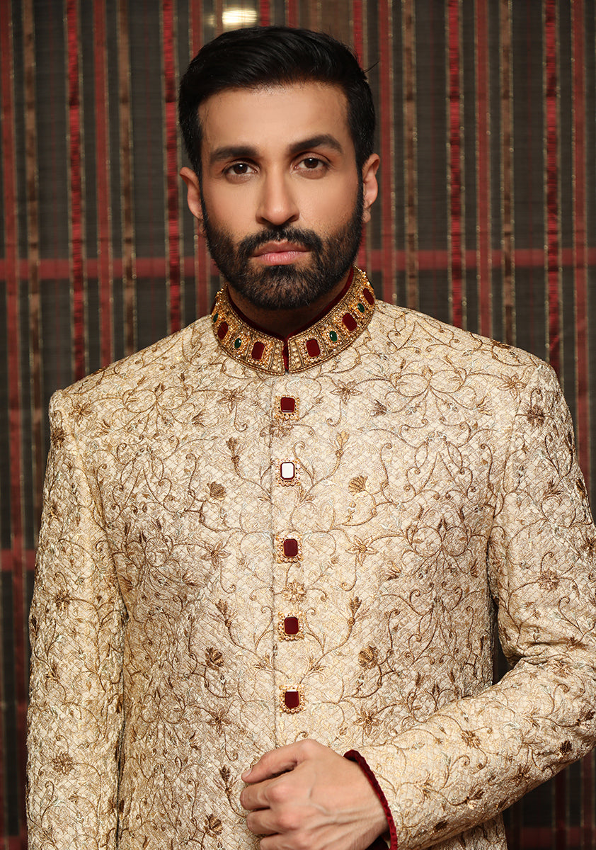 Golden Embroidered Jamawar Groom Sherwani (3-Piece) - Image 3