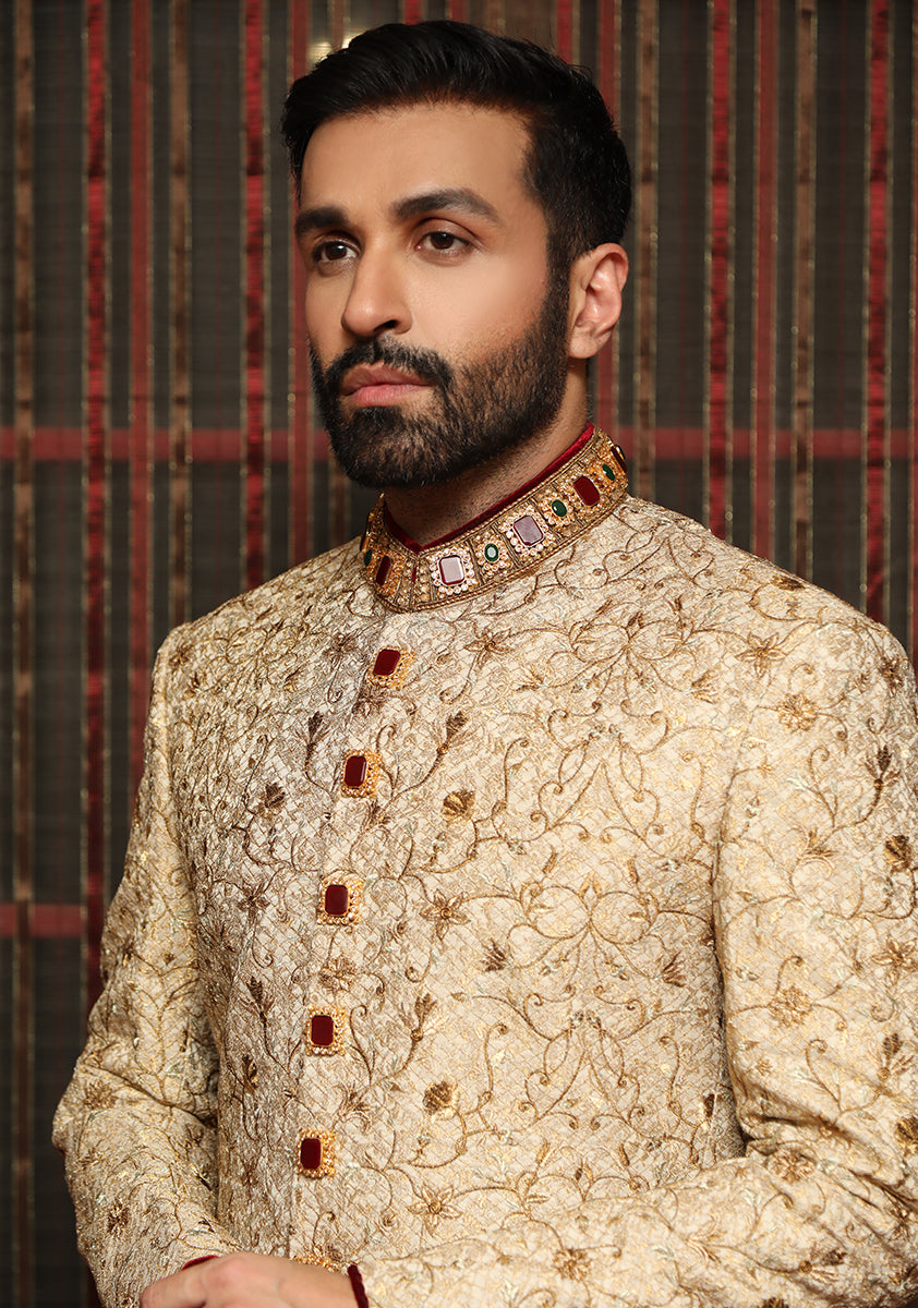 Golden Embroidered Jamawar Groom Sherwani (3-Piece) - Image 4
