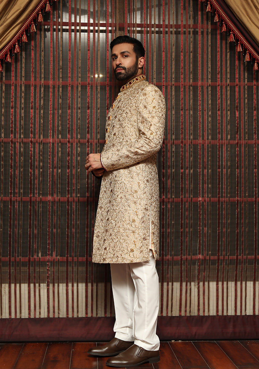 Golden Embroidered Jamawar Groom Sherwani (3-Piece) - Image 5