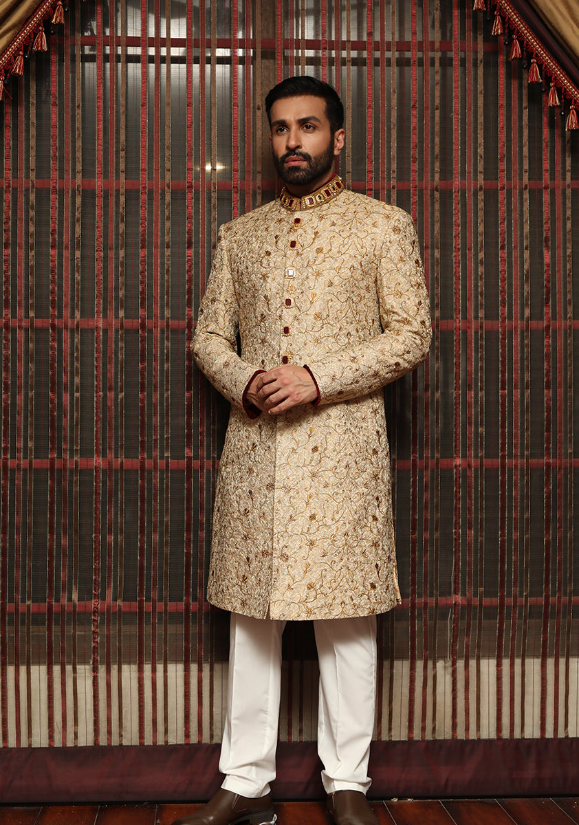 Golden Embroidered Jamawar Groom Sherwani (3-Piece) - Image 6