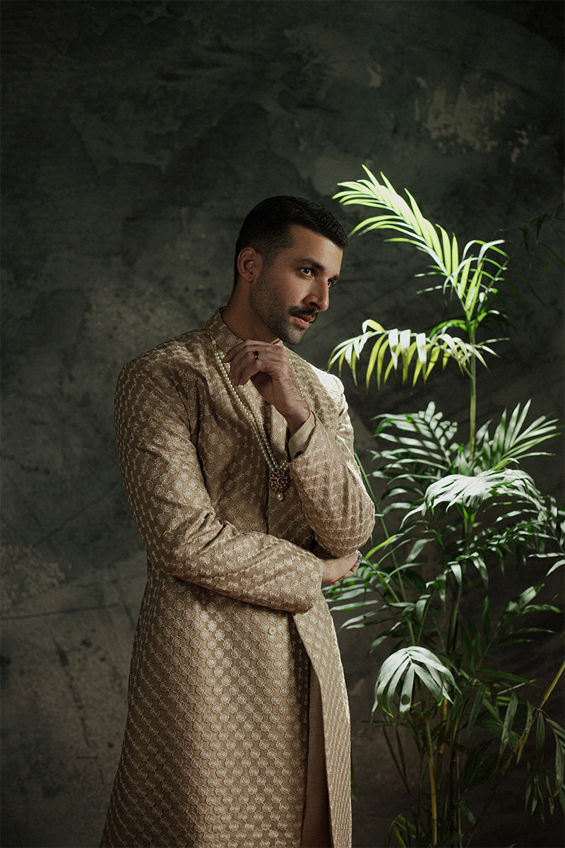 Bronze Jamawar Sherwani with Sequins and Resham Embroidery (2-Piece) - Image 1