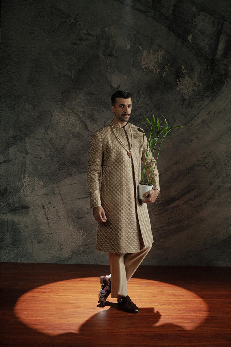 Bronze Jamawar Sherwani with Sequins and Resham Embroidery (2-Piece) - Image 2