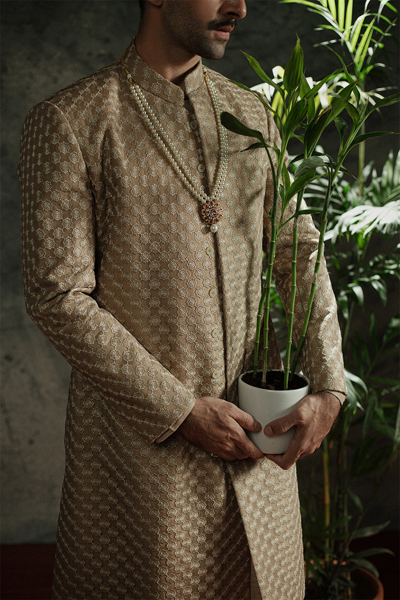 Bronze Jamawar Sherwani with Sequins and Resham Embroidery (2-Piece) - Image 3