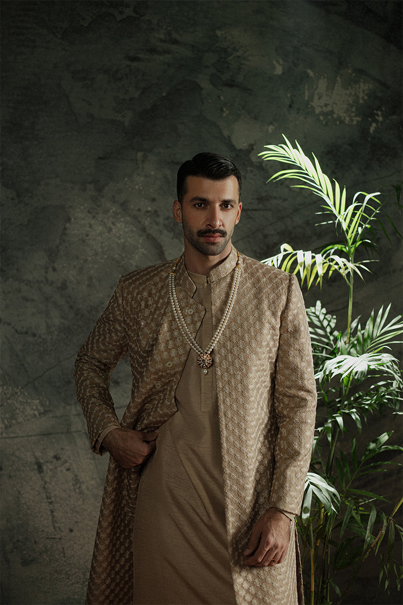 Bronze Jamawar Sherwani with Sequins and Resham Embroidery (2-Piece) - Image 6