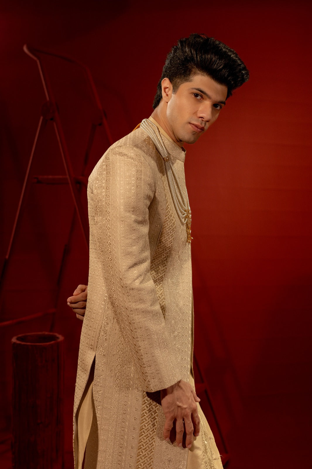 Light Gold Self-Thread Embroidered Jamawar Groom Sherwani (3-Piece) - Image 2