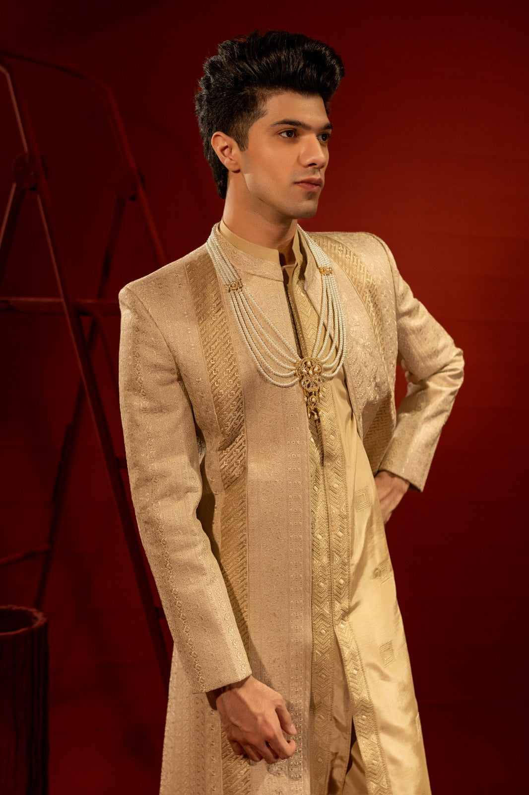 Light Gold Self-Thread Embroidered Jamawar Groom Sherwani (3-Piece) - Image 4