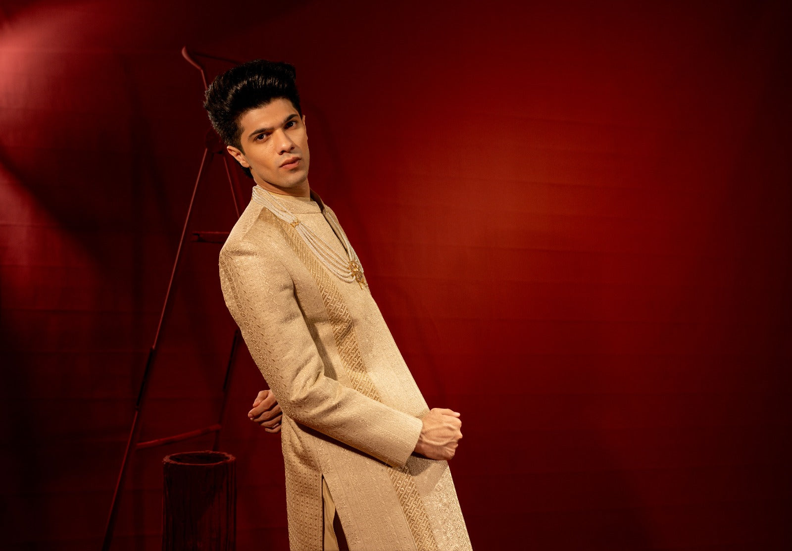 Light Gold Self-Thread Embroidered Jamawar Groom Sherwani (3-Piece) - Image 5