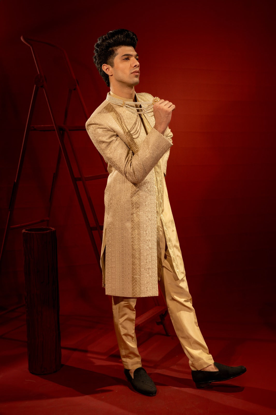 Light Gold Self-Thread Embroidered Jamawar Groom Sherwani (3-Piece) - Image 6
