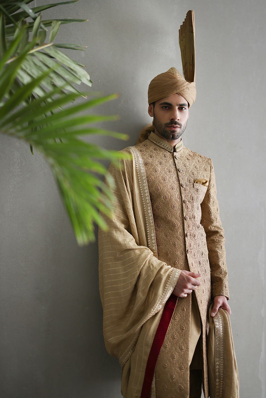 Gold Hand-Embroidered Jamawar Sherwani (3-Piece) - Image 2