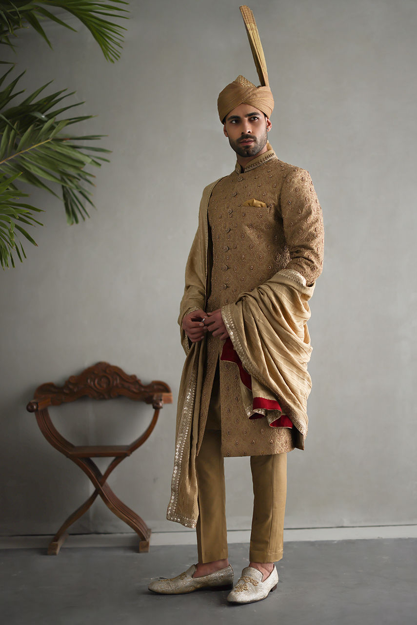 Gold Hand-Embroidered Jamawar Sherwani (3-Piece) - Image 3