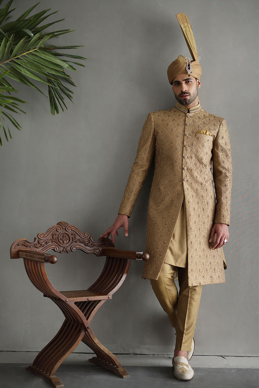 Gold Hand-Embroidered Jamawar Sherwani (3-Piece) - Image 4