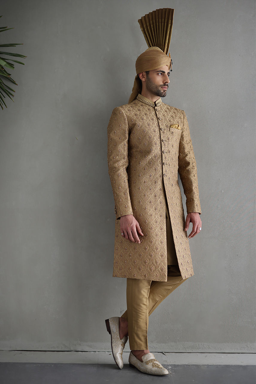Gold Hand-Embroidered Jamawar Sherwani (3-Piece) - Image 5