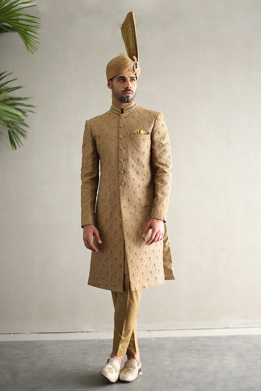 Gold Hand-Embroidered Jamawar Sherwani (3-Piece) - Image 6