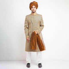 Light Gold Zardozi Jamavar Silk Sherwani (3-Piece) - Image 2