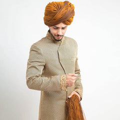 Light Gold Zardozi Jamavar Silk Sherwani (3-Piece) - Image 3