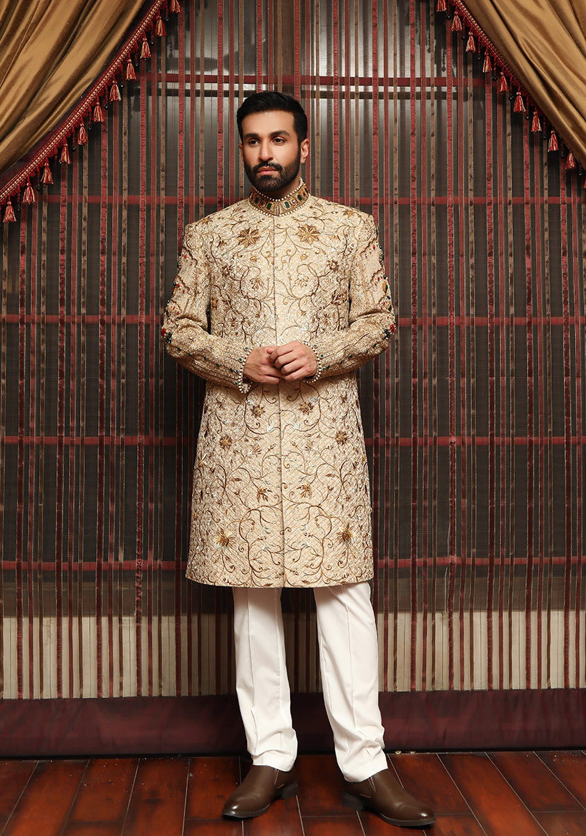 Light Gold Embroidered Jamawar Groom Sherwani (2-Piece) - Image 1