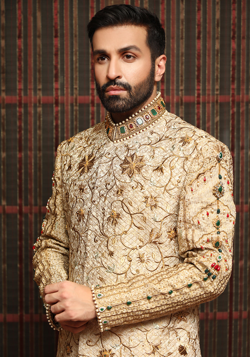 Light Gold Embroidered Jamawar Groom Sherwani (2-Piece) - Image 3