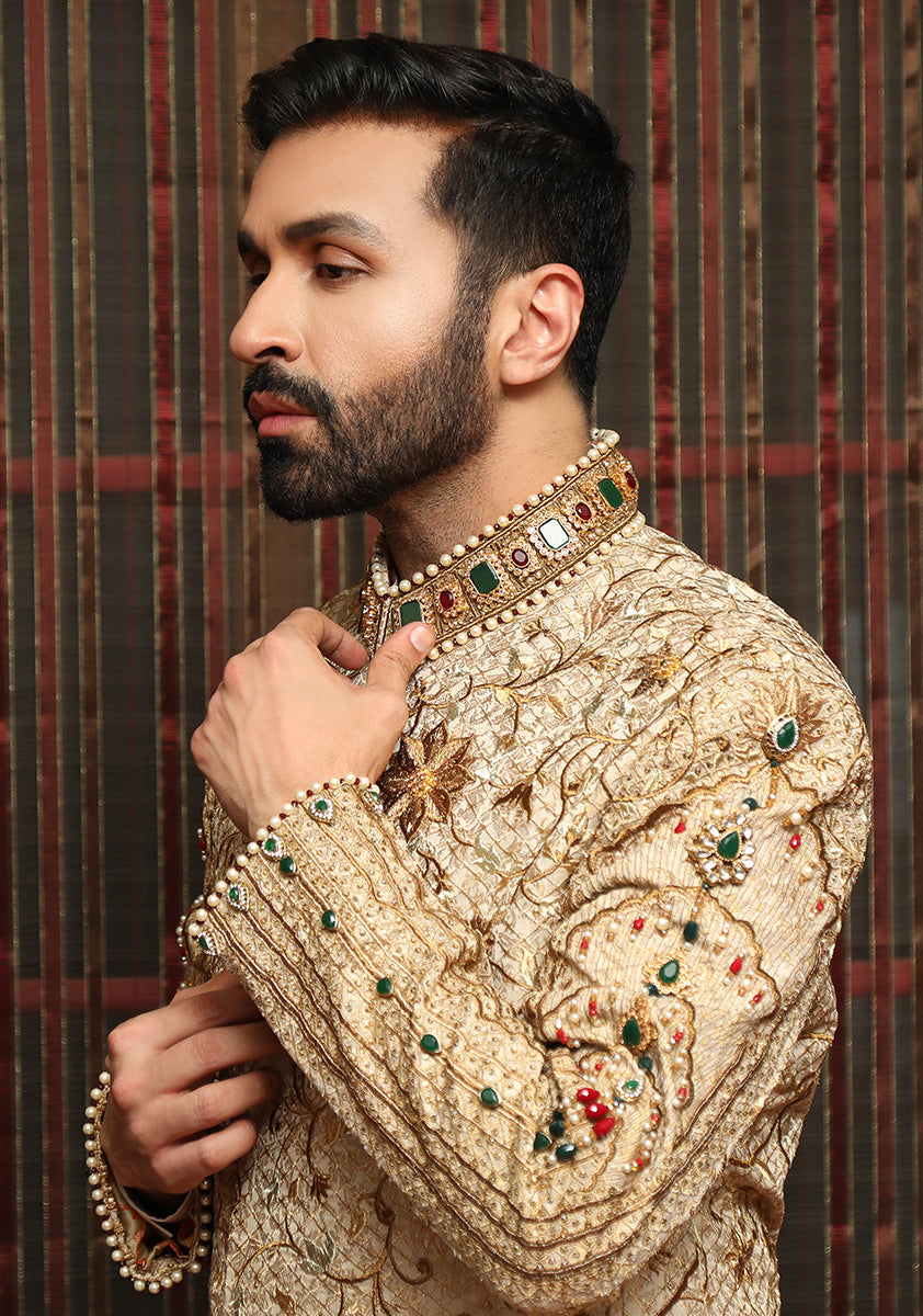 Light Gold Embroidered Jamawar Groom Sherwani (2-Piece) - Image 4