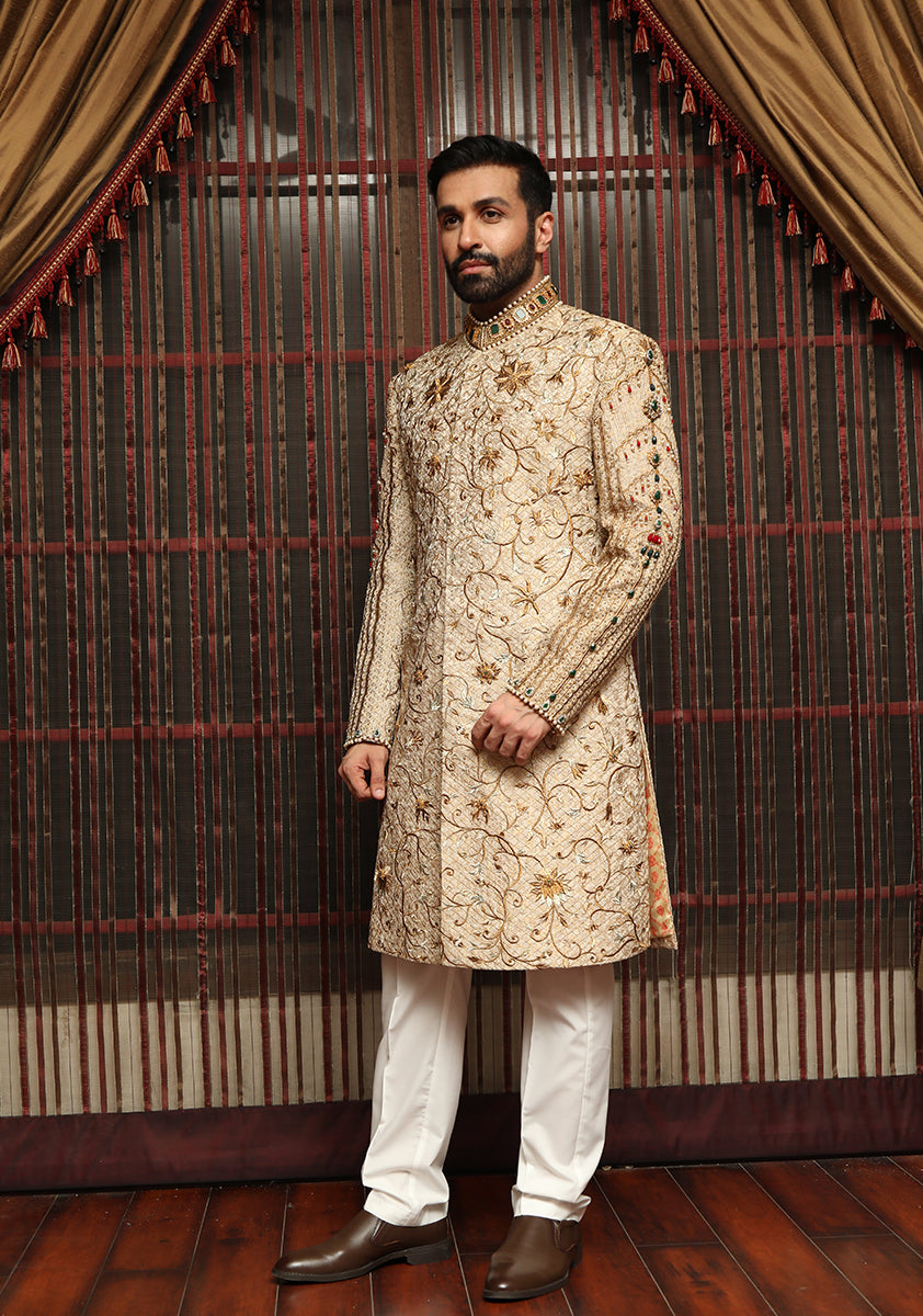 Light Gold Embroidered Jamawar Groom Sherwani (2-Piece) - Image 5
