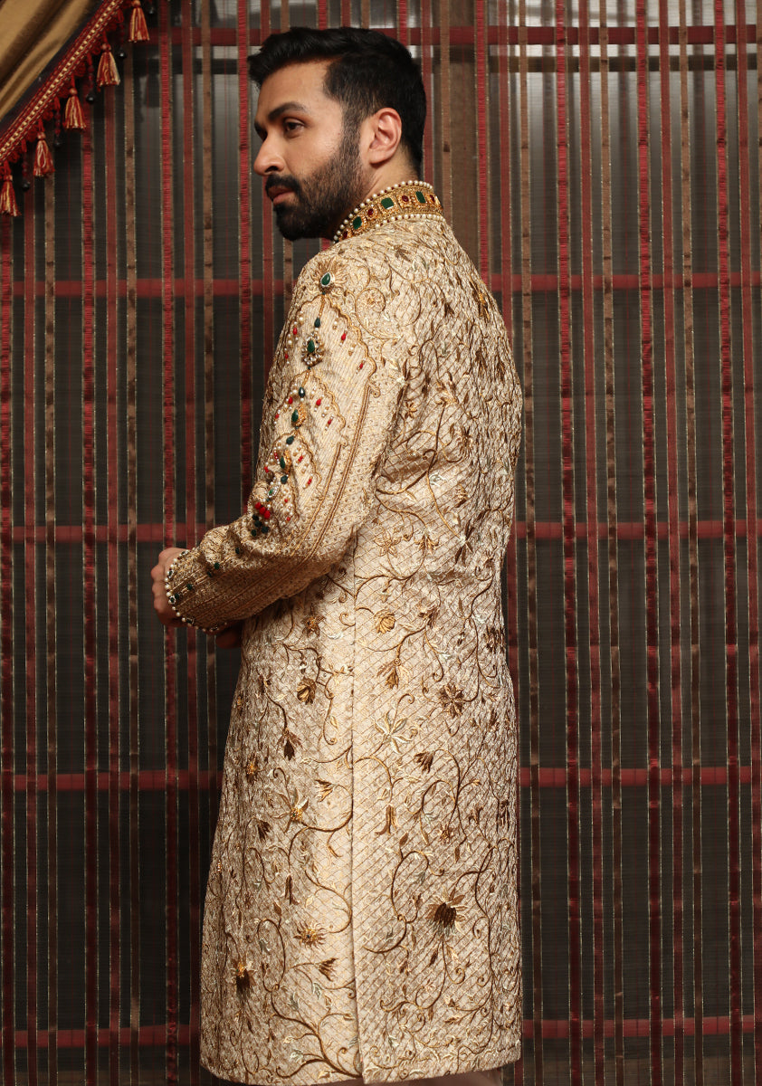 Light Gold Embroidered Jamawar Groom Sherwani (2-Piece) - Image 6