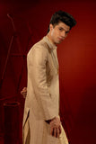 Light Gold Embroidered Jamawar Groom Sherwani (3-Piece) - Image 2