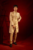 Light Gold Embroidered Jamawar Groom Sherwani (3-Piece) - Image 3