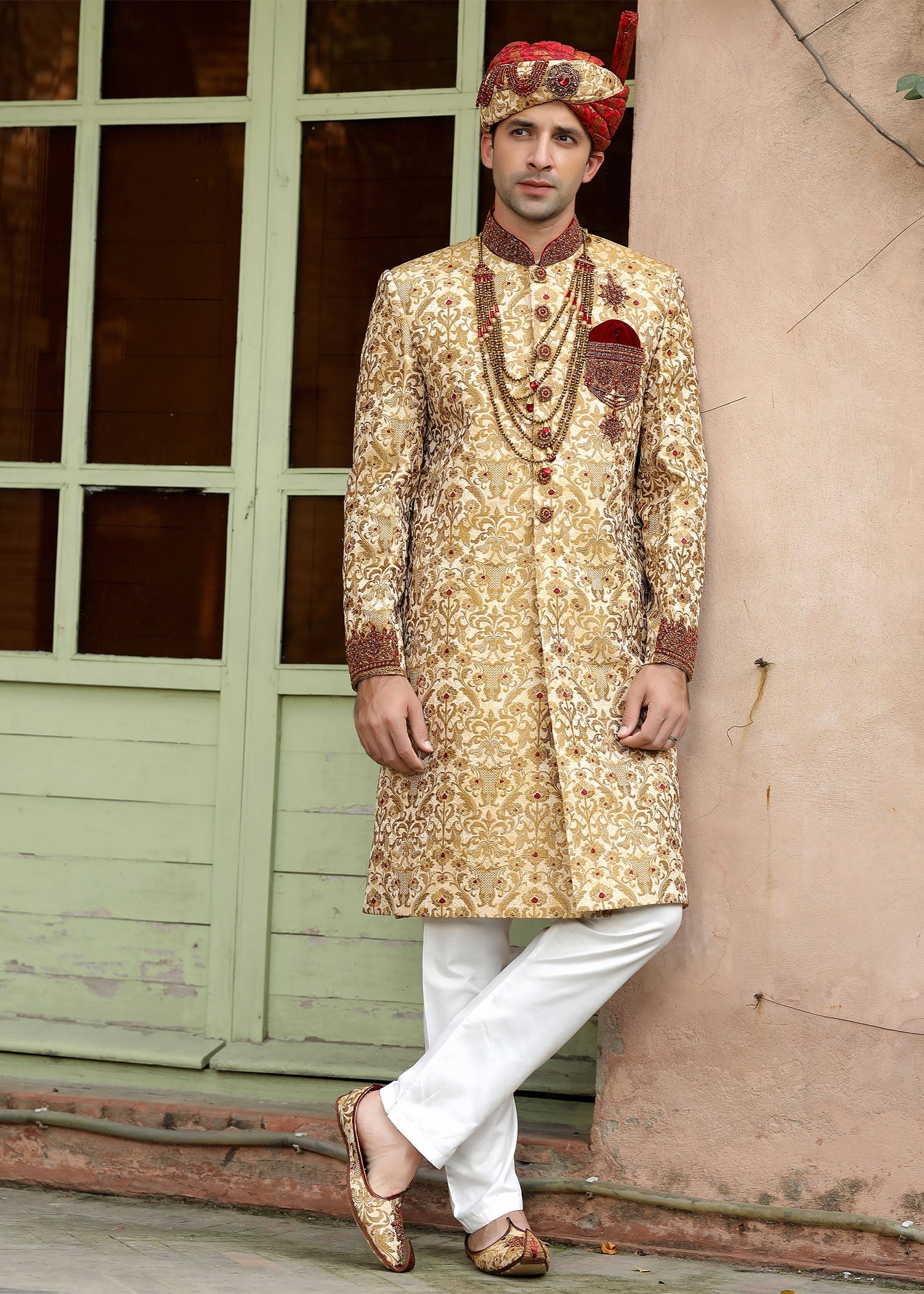 Gold Hand-Embroidered Jamawar Sherwani (5-Piece) - Image 1
