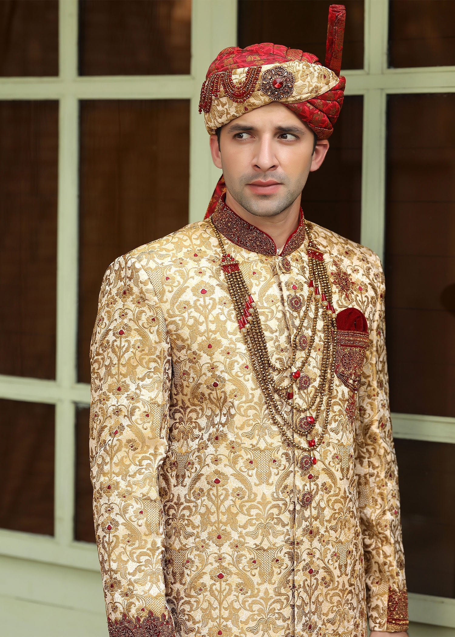 Gold Hand-Embroidered Jamawar Sherwani (5-Piece) - Image 4
