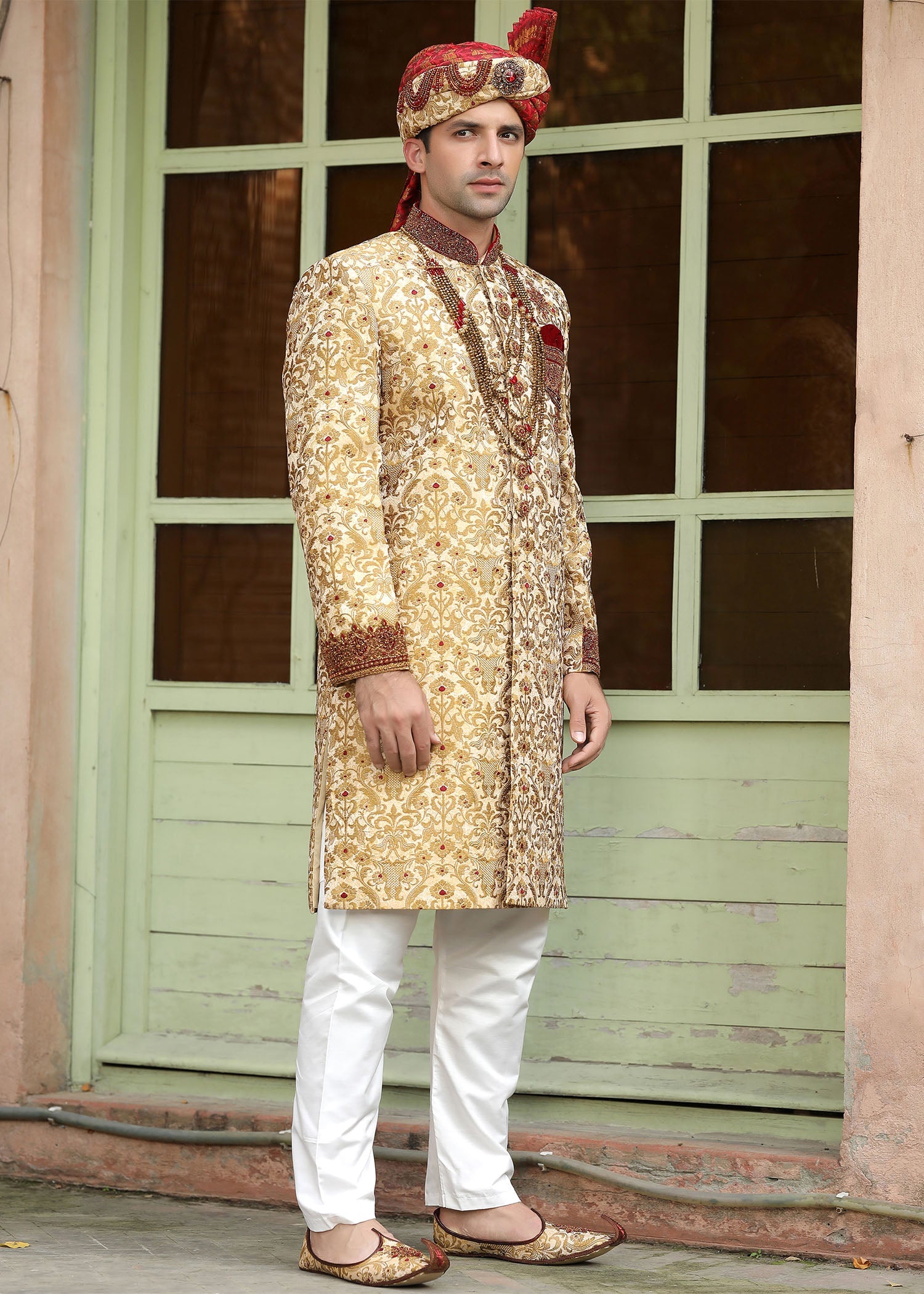 Gold Hand-Embroidered Jamawar Sherwani (5-Piece) - Image 5